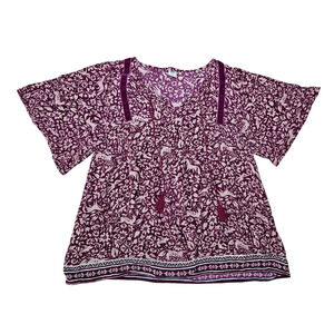 Old Navy size L Purple Velvet Trim Top Forest Print Cottagecore Fairy Woodland